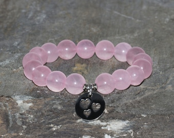 Rose Quartz Beaded Bracelet Handmade 10mm Heart Pendant Gemstone Bracelet Wrist Mala Bead Healing Crystal Gift Bracelet Pink Quartz Bracelet