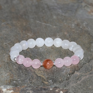 Moonstone, Rose Quartz and Sunstone Beaded Bracelet 8mm Moonstone and Sunstone Beads and 7.5mm Pink Quartz Grade AAA Gift Gemstone Bracelet