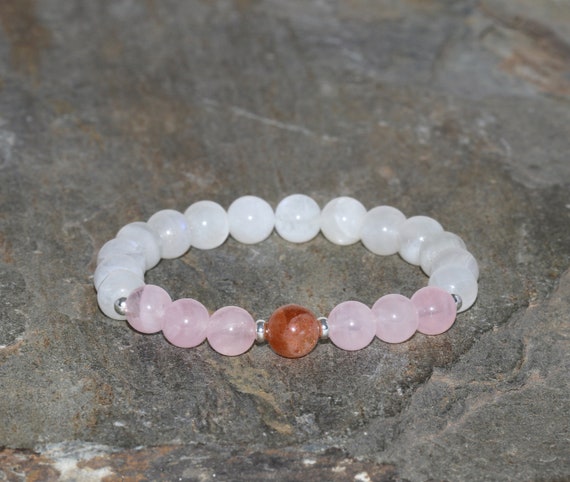 ブレスレット・バングル moon stone,rose quartz Moonstone, Rose Quartz and Sunstone Beaded Bracelet 8mm Moonstone