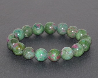 Pulsera de rubí y zoisita hecha a mano de grado AAA, pulsera grande de piedras preciosas con cuentas de anyolita de 11 mm, pulsera de rubí rojo y rosa en zoisita verde, pulsera apilable