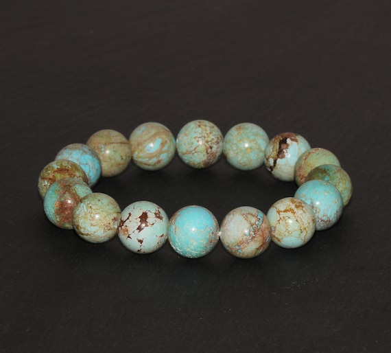 Rare Hubei Turquoise Bracelet Unique 12mm Natural Hubei Turquoise Round Gemstone Bracelet Genuine Turquoise Blue Green Teal Turquoise Beads