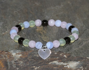 Blue Lace Agate, Morganite, Green Prehnite & Smoky Quartz Bracelet 6mm Beaded Gemstone Bracelet Green Brown Pink Blue Bracelet Silver Heart