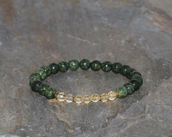 Serpentine and Citrine Beaded Bracelet 6mm Green Serpentine & 4mm Faceted Citrine Bracelet Unisex Bracelet Natural Gemstone Gift Bracelet