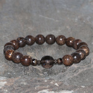 Chunky Bronzite and Smoky Quartz Beaded Bracelet, 8mm Bronzite, 10mm Faceted Brown Quartz, Gemstone Bracelet, Gift, Czech Crystals, Bronze