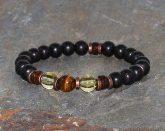 8mm Tiger Eye, Citrine & Ebony Bracelet, AA Grade, Healing Jewelry, Yoga Mala Beads, Yoga Gift, Gift for Her, Gift for Him, Healing Crystals