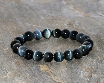 Dark Blue Grey Hawk Eye Bracelet Handmade Jewelry Stacking Bracelet 8mm Grade AA Blue Gray Falcons Eye Gemstone Bracelet Gift Bracelet