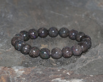Australian Dark Opal Beaded Bracelet, 9.5mm Natural Australian Opal Beads Grade AAA, Unisex Gemstone Bracelet, Black Fire Opal