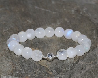 Mondstein Perlen Armband 8 mm Natürlicher Regenbogen Mondstein Handgelenk Mala Perlen Sterling Silber Perlen Emotionales Gleichgewicht Damen Perlen Armband