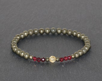 3mm Faceted & 4mm Round Pyrite, 3mm Faceted Brazilian Garnet and 4mm Faceted Citrine Beaded Gemstone Bracelet Unisex Moneymaker Bracelet