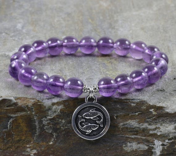 AAA Amethyst Bracelet: Sterling Silver Pisces Zodiac Charm