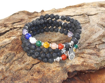 Pulseira Mala de Pedra de Lava com 7 Chakras: Contas de Yoga para Cura
