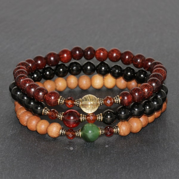 Jade Jet grenat Citrine et bois de santal perles Bracelet pile Bracelet pierres précieuses Bracelet racine Chakra bijoux force mise à la terre de soulagement du Stress