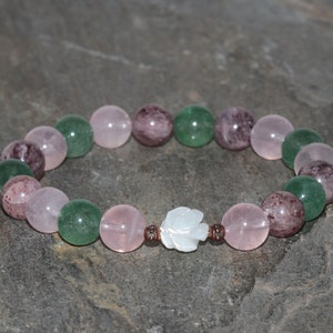 Rose Quartz From Madagascar, Shell Carved Rose, Strawberry Quartz & South African Aventurine Bracelet 8mm Grade AAA Beads Gemstone Bracelet