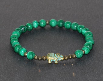 Malachite 6mm Handmade braccialetto di perline AAA Grade elefante bronzo 3mm Pirite sfaccettate squisita Bracciale Unisex pietra preziosa del braccialetto