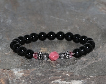 Tourmaline and Rhodonite Beaded Bracelet Grade AAA 8mm Natural Black Tourmaline Pink Rhodonite Gemstone Bracelet Gift Bracelet Czech Crystal