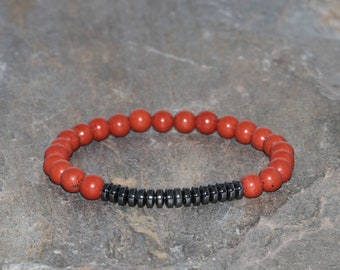 Red Jasper and Hematite Beaded Bracelet, 6mm Round Red Jasper Beads, Hematite Rondelles, Natural Gemstones, Grade AAA, Gift Bracelet Passion