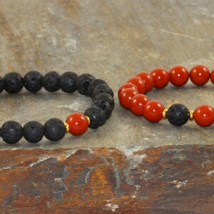 Couples Bracelets, His and Hers Bracelet Set, Volcanic Lava & Red Jasper Bracelet, Wrist Mala Beads, Strength - Grounding - Stress Relief