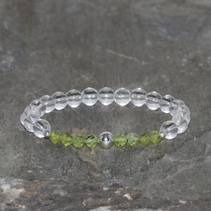 Clear Quartz and Peridot Bracelet Natural 4.5mm Faceted Peridot & 6.5mm Clear Crystal Quartz Bead Gemstone Bracelet Sterling Silver Beads