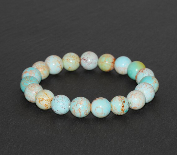 Pure Hubei Turquoise Bracelet 9mm-9.5mm Natural Hubei Turquoise Gemstone Bracelet Genuine Blue Green Hubei Pastel Turquoise Rounds Beads