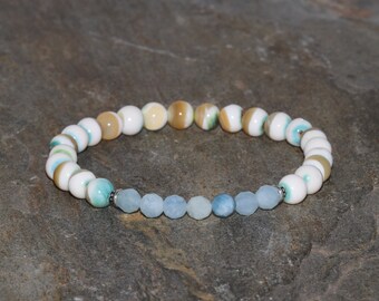 Peacock Shell and Aquamarine Bracelet 6mm Green And White Peacock Egg Shell Beaded Bracelet 4.5mm Faceted Aquamarine Unisex Bracelet Silver