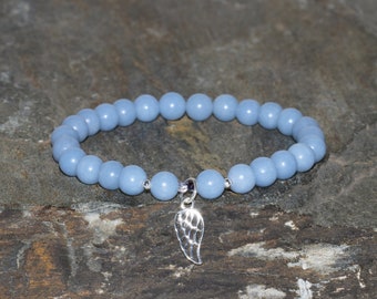 Pulsera de angelita: cuentas de piedras preciosas peruanas azules de 6 mm, dije de ala de plata