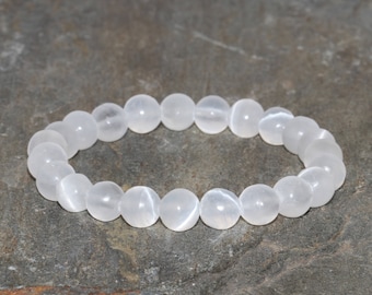 White Selenite Beaded Bracelet, Iceland Spar, Handmade 8mm Beaded Gemstone Bracelet, White Stacking Bracelet Crystal Chunk, Selenite