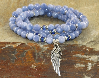 108 Angelite Mala Beads, AA Grade, Throat Chakra Crystals, Spiritual Guidance-Connect with Guardian Angels-Dreamwork & Lucid Dreaming