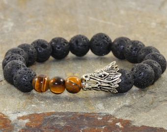 Bracciale da uomo con drago: occhio di tigre, pietra lavica, gioielli con chakra