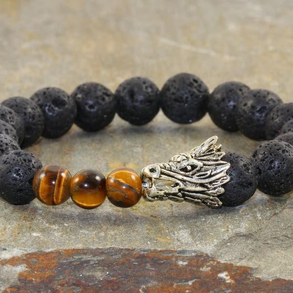 Mens Dragon Stack, Tiger Eye + Black Volcanic Lava, Healing Chakra Stones, Yogi Gift, Yoga Bracelet Stack, Gift for Him, Root Chakra Jewelry