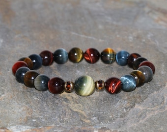 Bracciale con perline a occhio di tigre 8mm e 10mm Guru Bead Red Yellow Blue Blue Tiger's Eye Falcon Hawks Eye Gemstone Bracelet Gift Bracelet Unisex