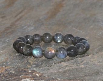 Chunky Madagascar Labradorite Bracelet 11mm Dark Grey Iridescent Labradorite Beaded Gemstone Bracelet African Labradorite Stacking Bracelet