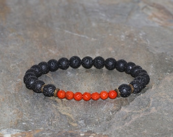 Red Jasper and Lava Stone Beaded Bracelet 6mm Black Volcanic Rock and 4mm Faceted Red Jasper Beads Bronze Spacers Gemstone Bracelet Unisex