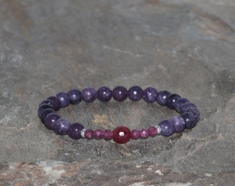 Armband med lepidolit och rubinpärlor, klass AAA, 6 mm lila lepidolit, 7 mm Guru-rubinpärla, 4 mm fasetterad rubin, armband med naturlig ädelsten
