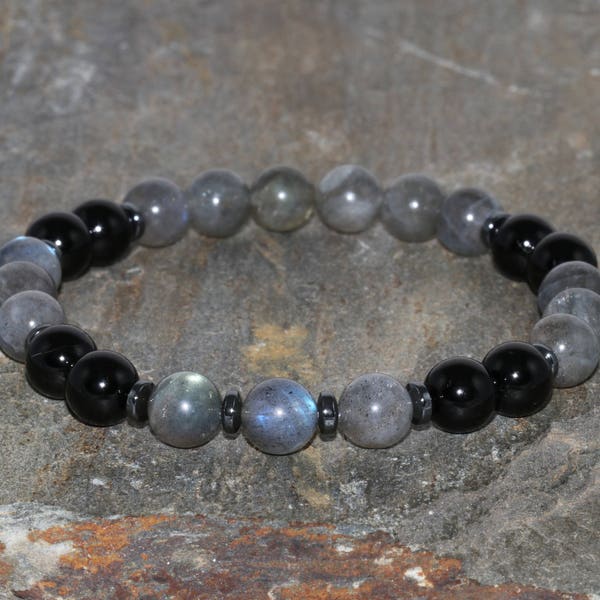 8mm Labradorit und schwarzer Turmalin Armband, Hämatiten Schmuck, Yoga Mala Perlen, Heilsteine, Erwachen der Göttin-emotionale Balance