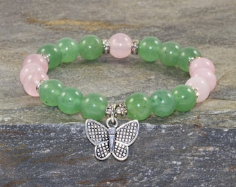 Green Aventurine & Rose Quartz Bracelet: Sterling Silver Accents, Yoga Mala Beads