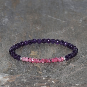 Amethyst and Rhodonite Beaded Bracelet, 4mm Dark Purple Amethyst and 4mm Faceted Rondelles Rhodonite Gemstone Beads, Calming Gift Bracelet
