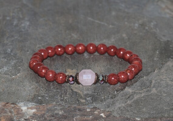 6mm Red Choral and 8mm Quartz Stacking Beaded Bracelet, Handmade 