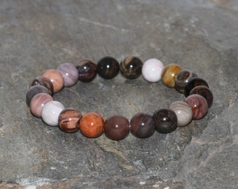 Armband av kiselbehandlat trä, handgjort 8 mm armband av naturligt förstenat träpärlor, stapelarmband, unisexarmband, presentarmband, fossila pärlor