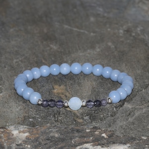 Angelite and Iolite Beaded Bracelet, 6mm Peru Blue Angelite, 4mm Faceted Iolite, 6.5mm Aquamarine Guru Gemstone, Sterling Silver Spacers