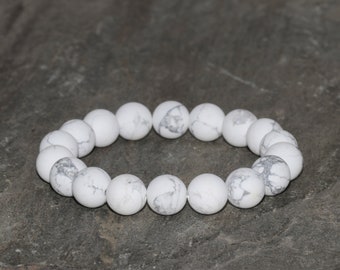 Howlite Beaded Bracelet, Wrist Mala Beads Handmade Jewelry, 10mm Matte White Howlite Yoga Gift, Gift Bracelet Stack Bracelet Unisex Bracelet
