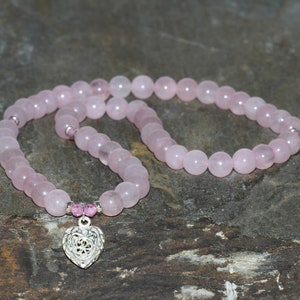 Rose Quartz Beaded 54 Mala 3mm Faceted Pink Zirconia Handmade 6mm Pink Quartz Beaded Gemstone Bracelet Sterling Silver 925 Heart & Spacers