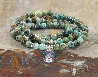 108 African Turquoise Mala Beads, Wrist Mala Beads, Healing Crystals, Chakra Jewelry, New Beginnings - Emotional Balance - Personal Growth