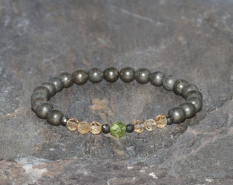 Pyrite, Citrine & Peridot Bracelet, Grade AAA, 6mm Pyrite, 4mm faceted Citrine, 5.5mm Faceted Peridot, 3mm Faceted Pyrite, Gemstone Bracelet