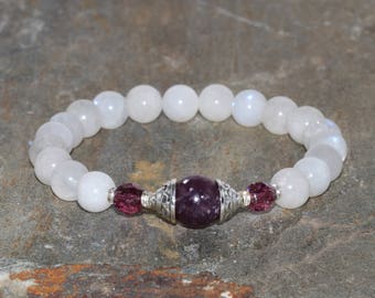 Moonstone & Lepidolite Bracelet, Yoga Jewelry, Healing Crystals Goddess Mala Beads Feminine Energy,Czech + New Beginnings + Hormonal Balance