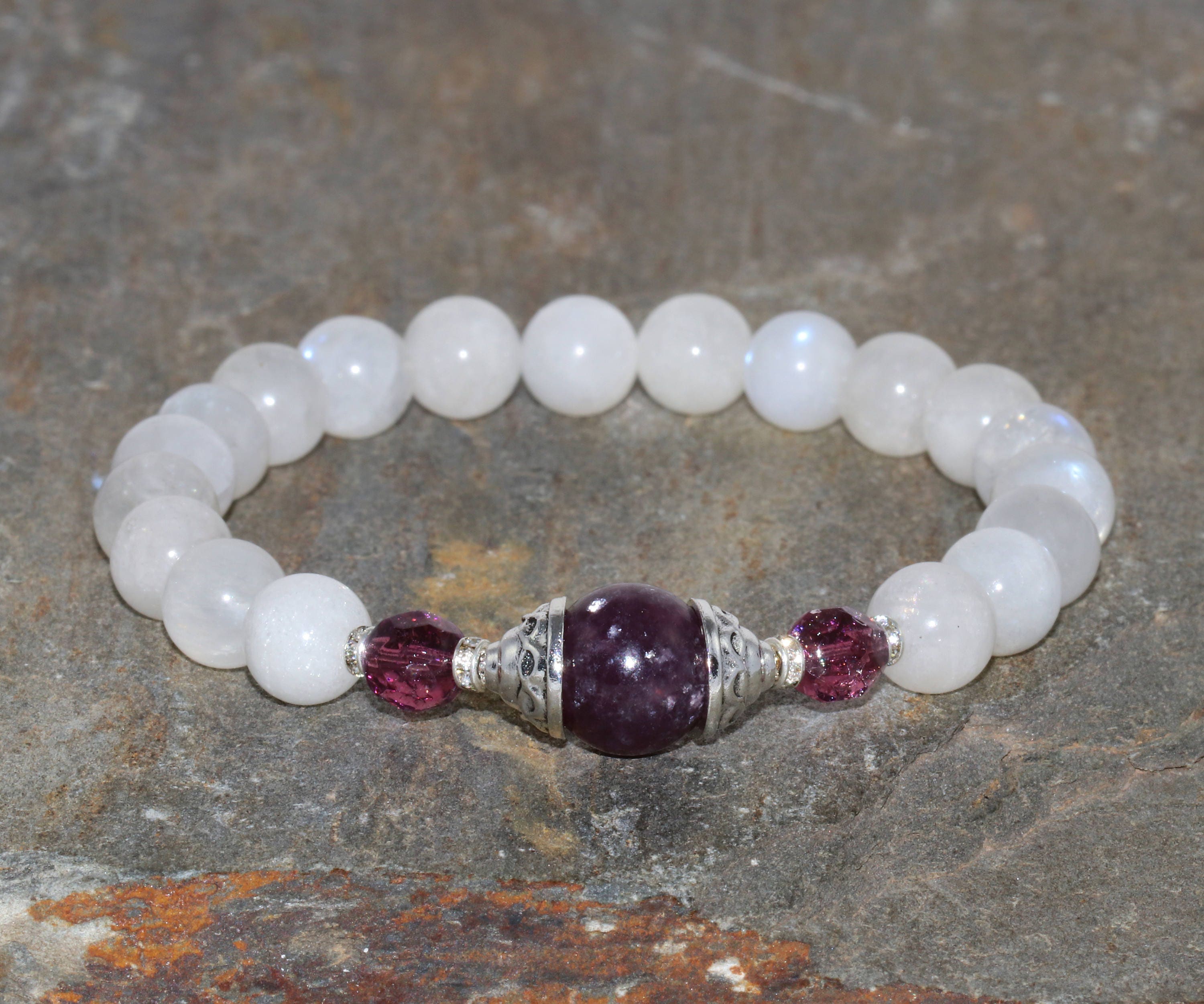 Moonstone & Lepidolite Bracelet, Yoga Jewelry, Healing Crystals Goddess Mala Beads Feminine Energy,Czech + New Beginnings + Hormonal Balance