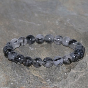 Black Rutilated Quartz Bracelet Handmade 8mm Black Hair Rutile Quartz Beaded Gemstone Stack Bracelet Black Tourmaline Rutile Unisex Bracelet