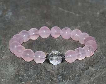Madagascar Rose Quartz Bracelet 8mm Pink Quartz and 10mm Faceted Clear Quartz Grade AAA Beaded Gemstone Bracelet Womens Bracelet Women Gift