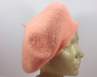Merino Wool French Beret • Pink Salmon Felted Hat for Women