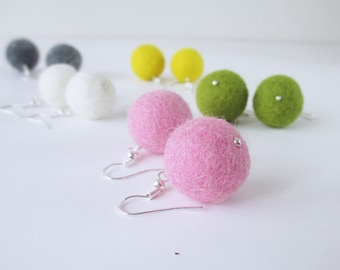 Wool Felted Earrings, Sphere Silver Earrings, Light Weight earrings, white earrings, dark grey, pink earrings, green earrings