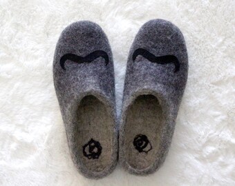 Wool Felted Slippers Men & Women • Mustache  House Shoes House Warming Detective Lover Gift • Cute Slippers • Unisex